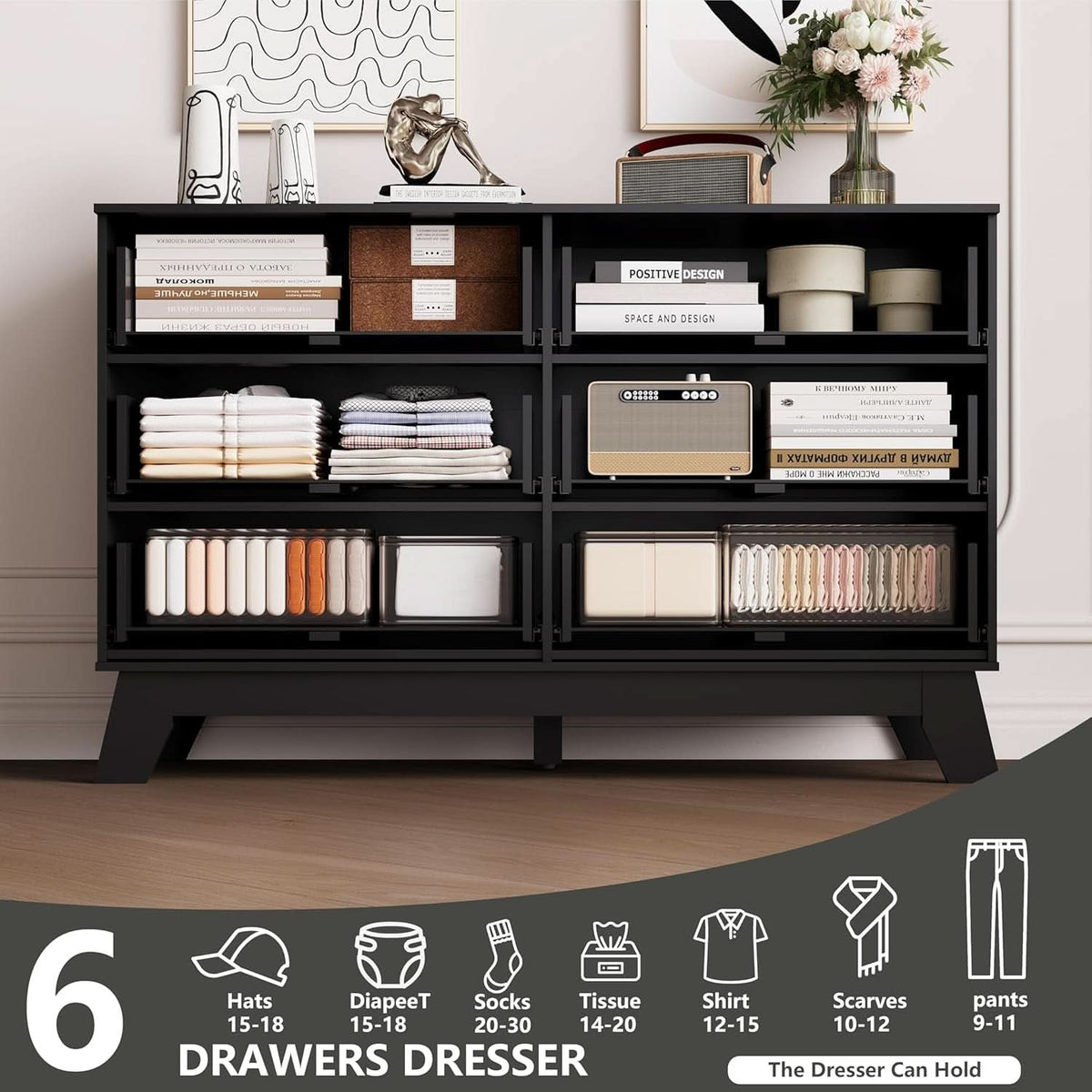 6 Drawer Dresser In Natural Wood With Fluted Front And Gold Handles