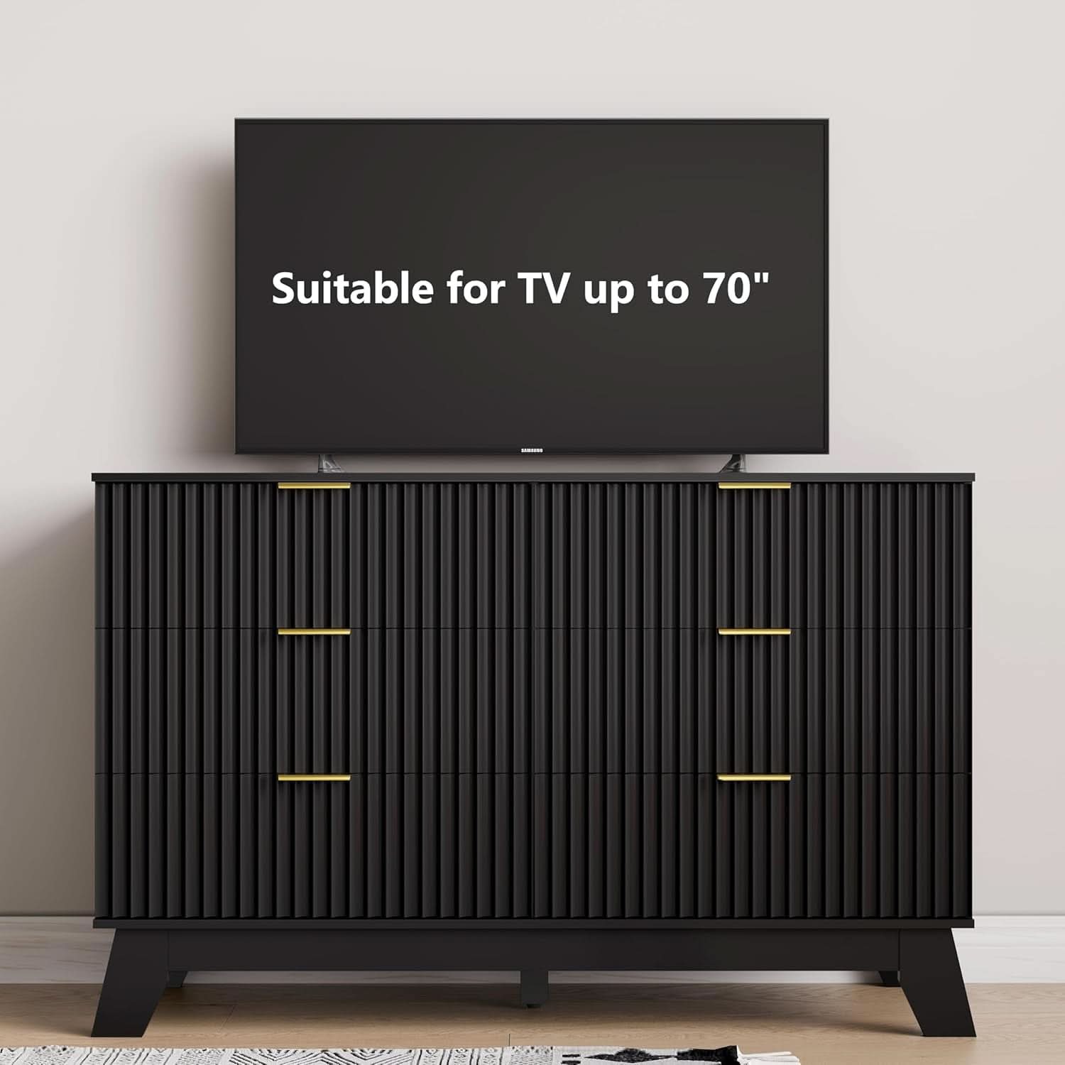 6 Drawer Dresser In Natural Wood With Fluted Front And Gold Handles