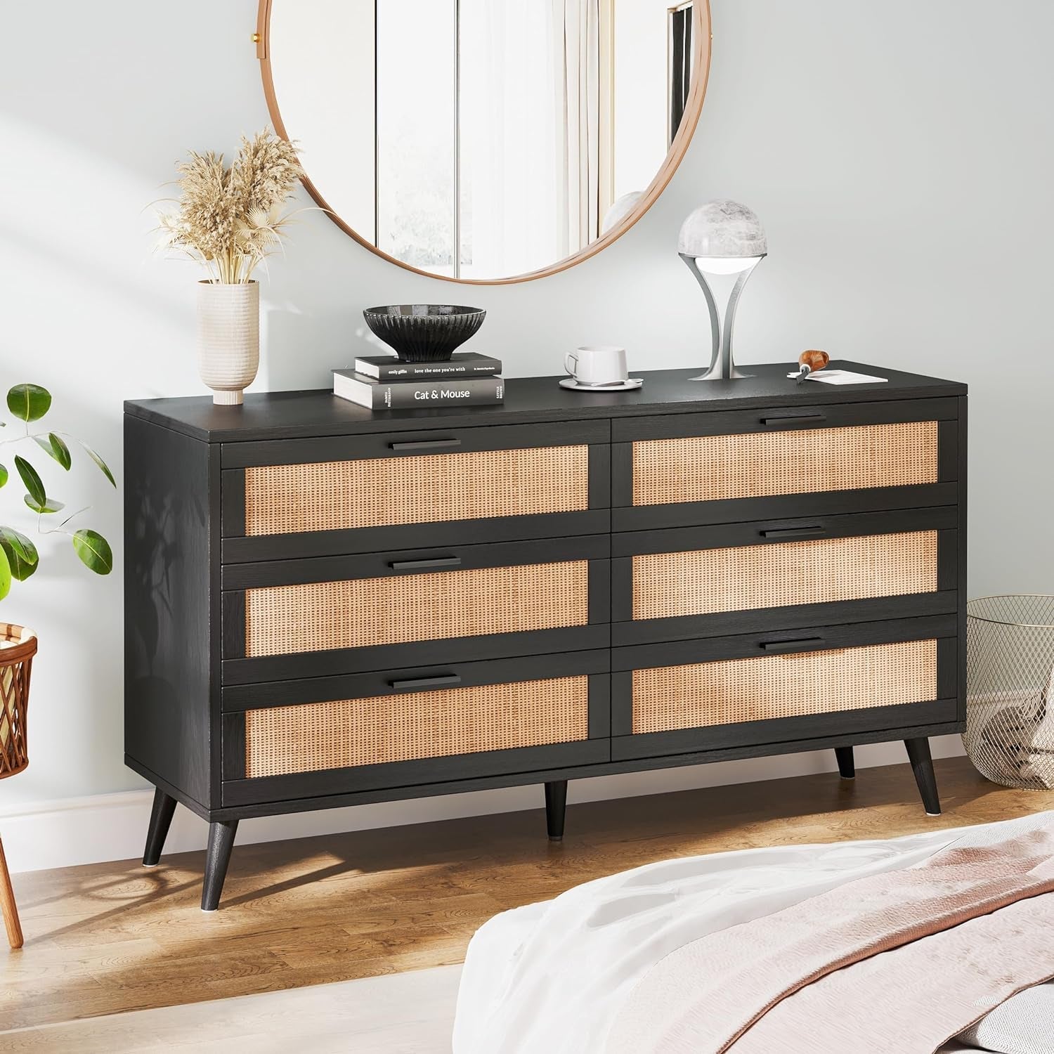 6 Drawer Dresser With Rattan Accents In Black And Natural