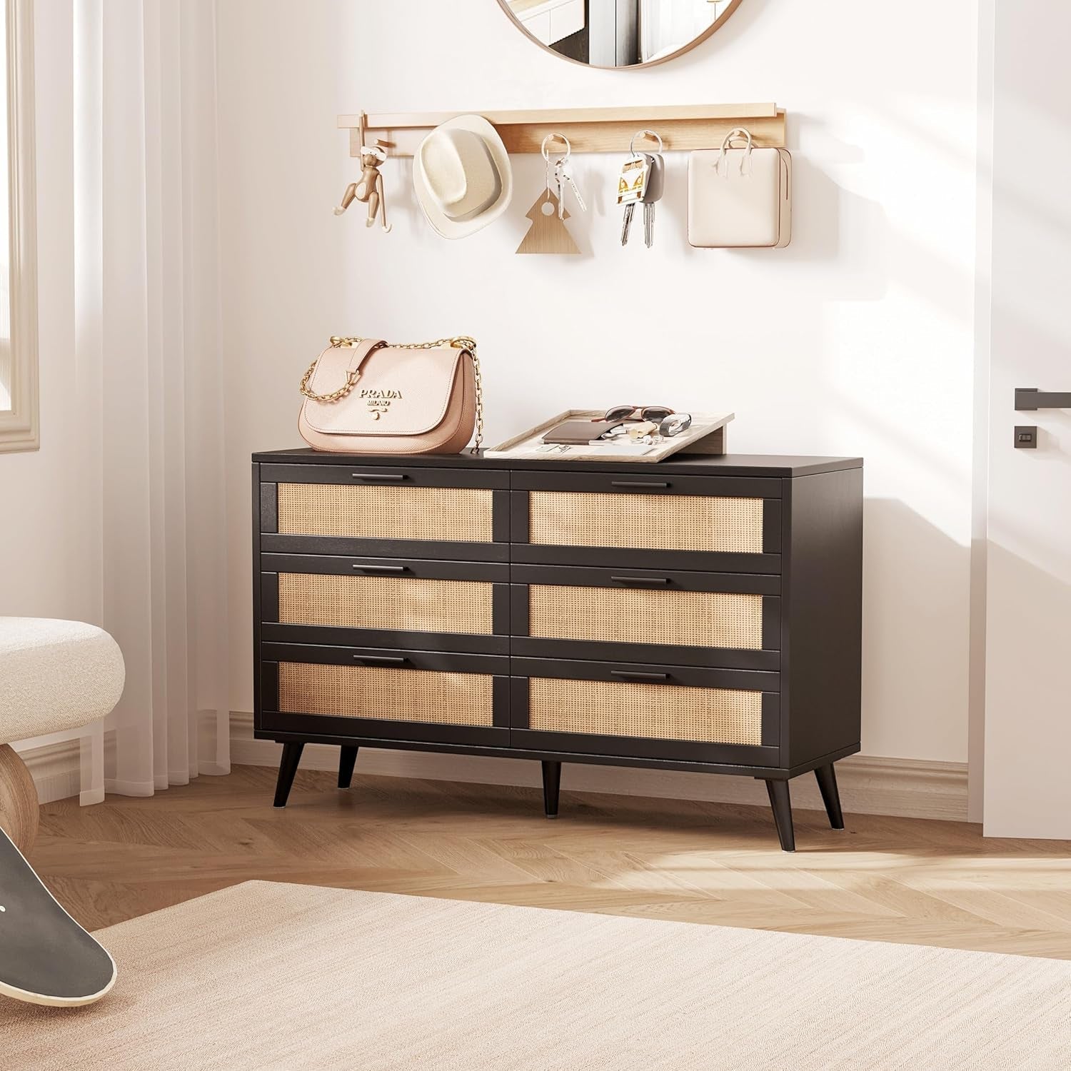 6 Drawer Dresser With Rattan Accents In Black And Natural