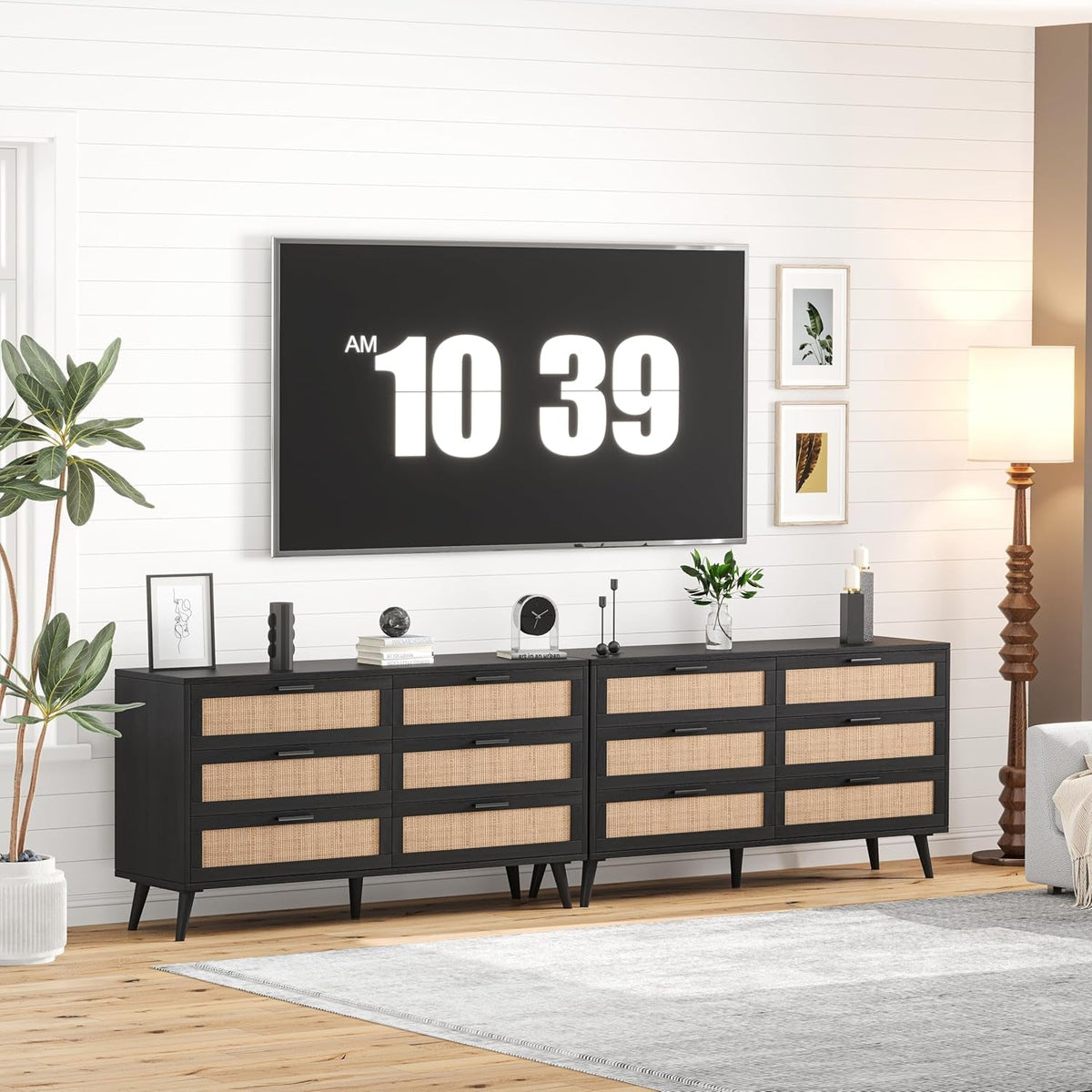 6 Drawer Dresser With Rattan Accents In Black And Natural