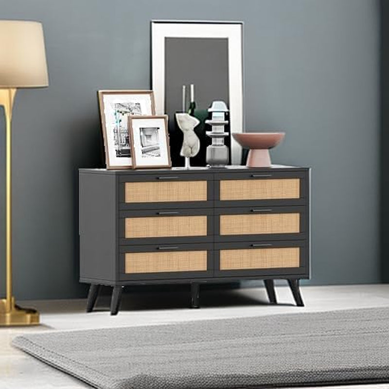 6 Drawer Dresser With Rattan Accents In Black And Natural