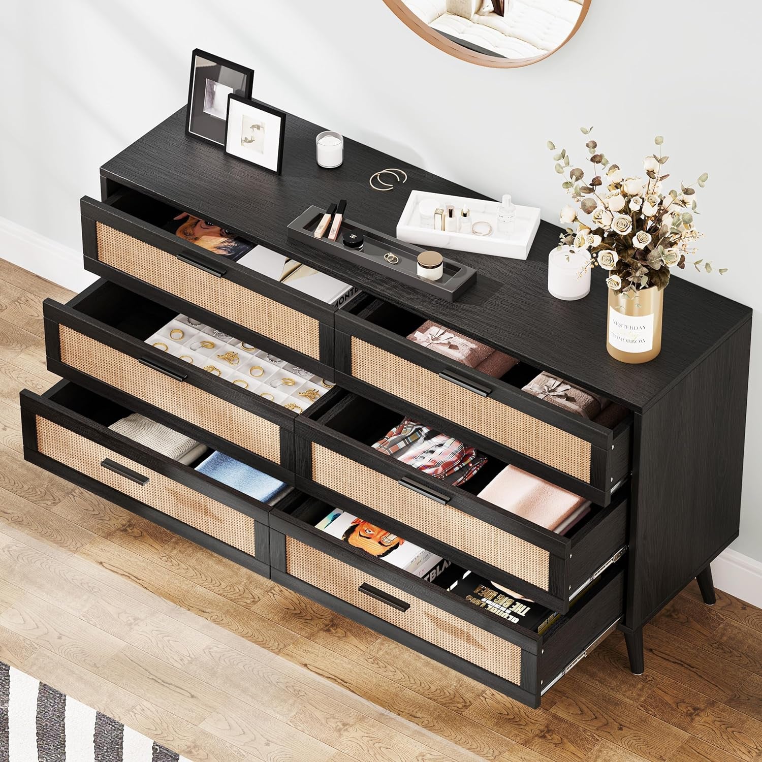 6 Drawer Dresser With Rattan Accents In Black And Natural