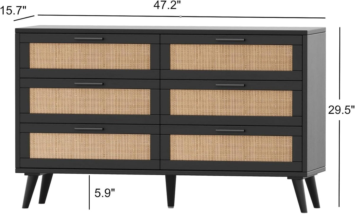 6 Drawer Dresser With Rattan Accents In Black And Natural