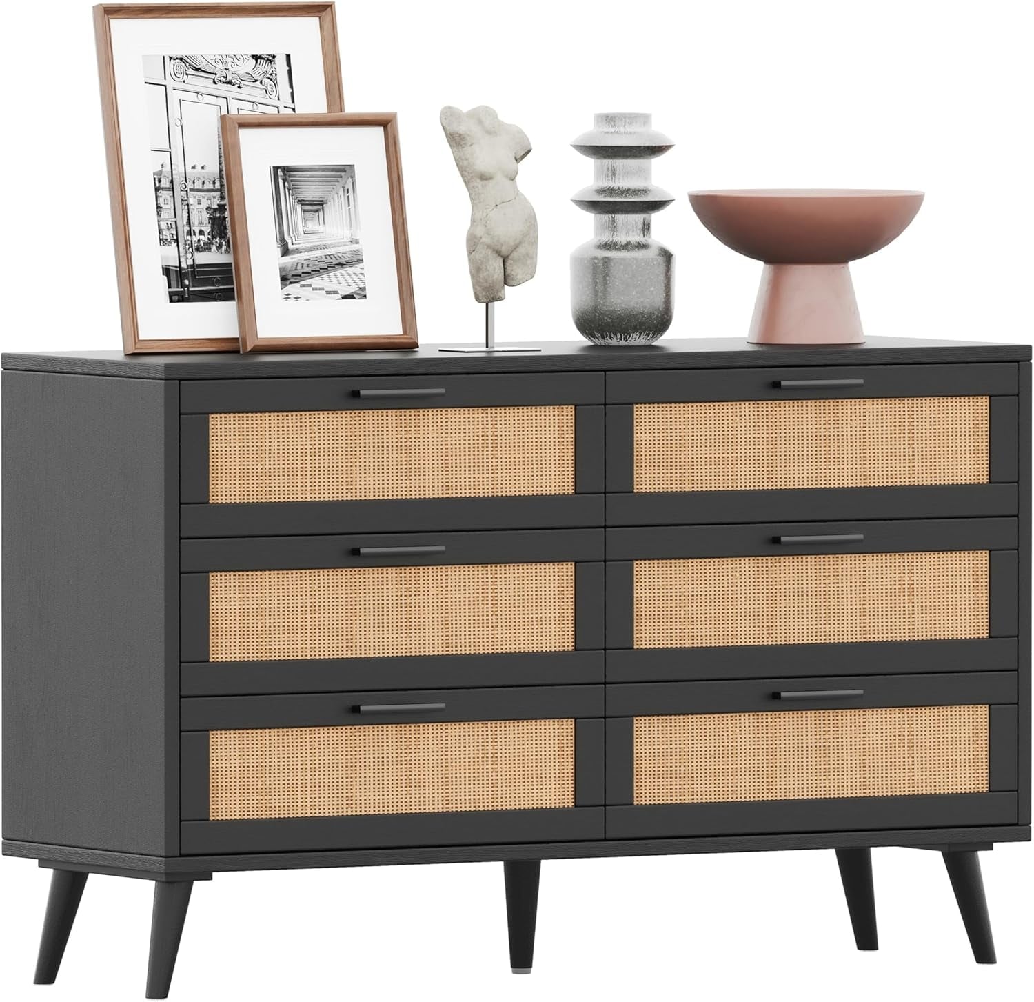 6 Drawer Dresser With Rattan Accents In Black And Natural