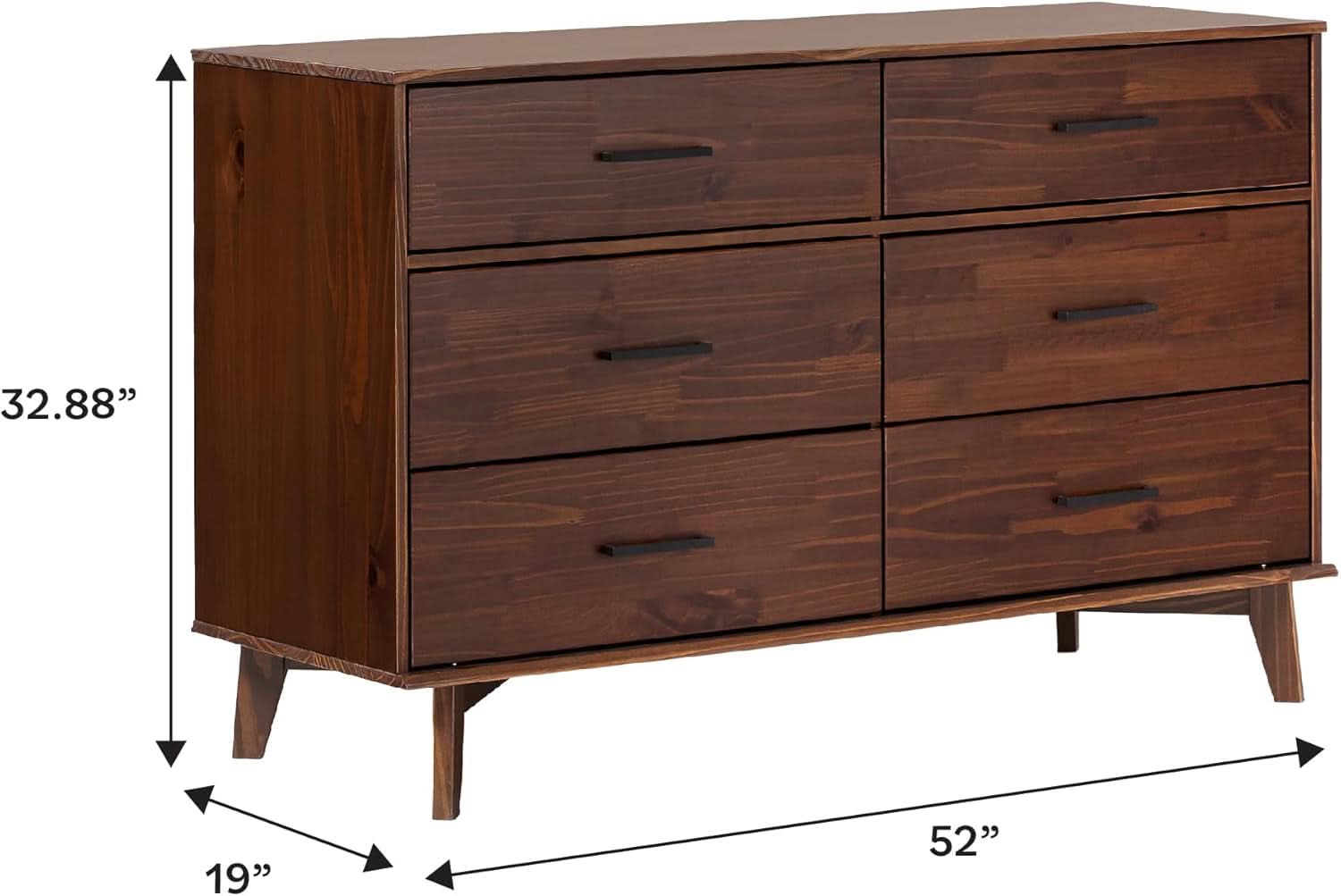 6 Drawer Solid Pine Wood Dresser With Walnut Finish