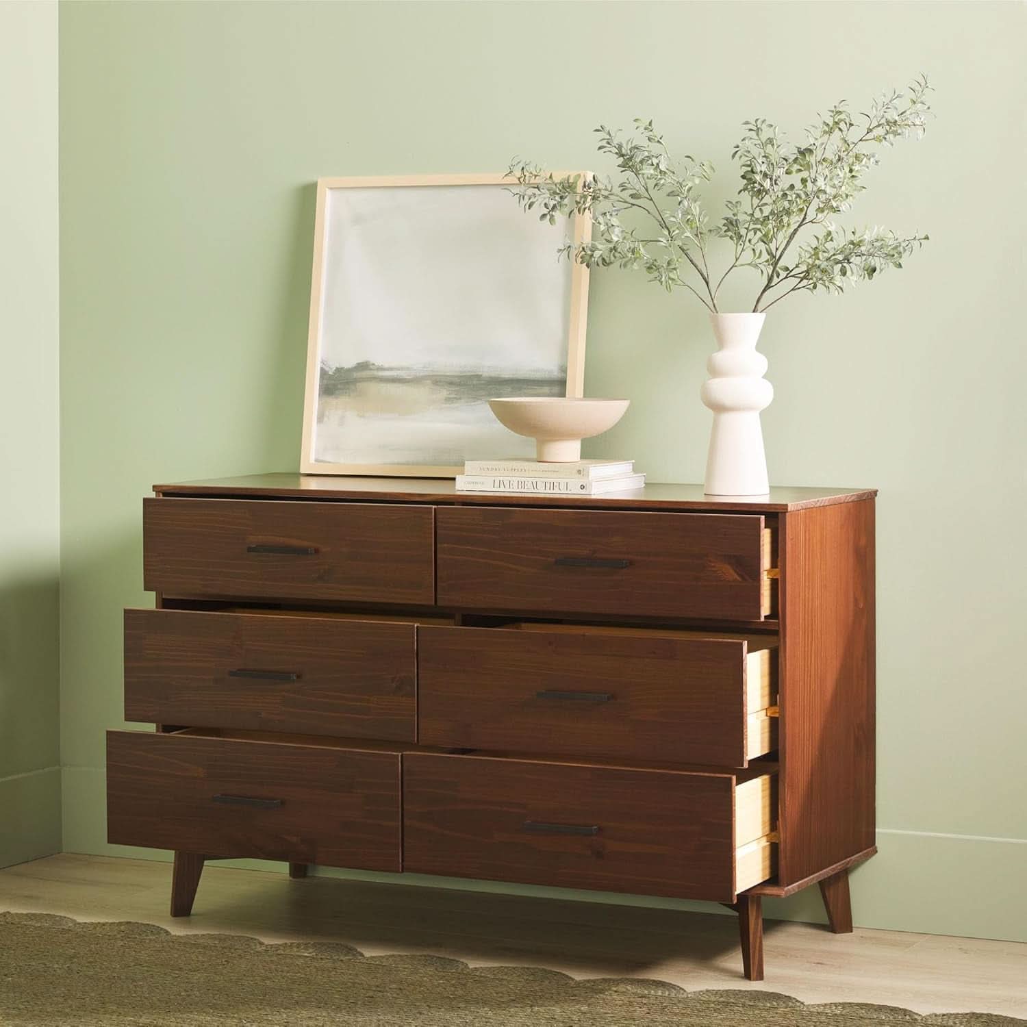 6 Drawer Solid Pine Wood Dresser With Walnut Finish