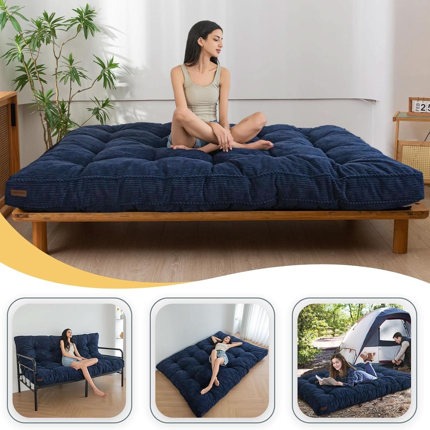 6-Inch Full-Size Futon Mattress Navy Tufted Shredded Foam