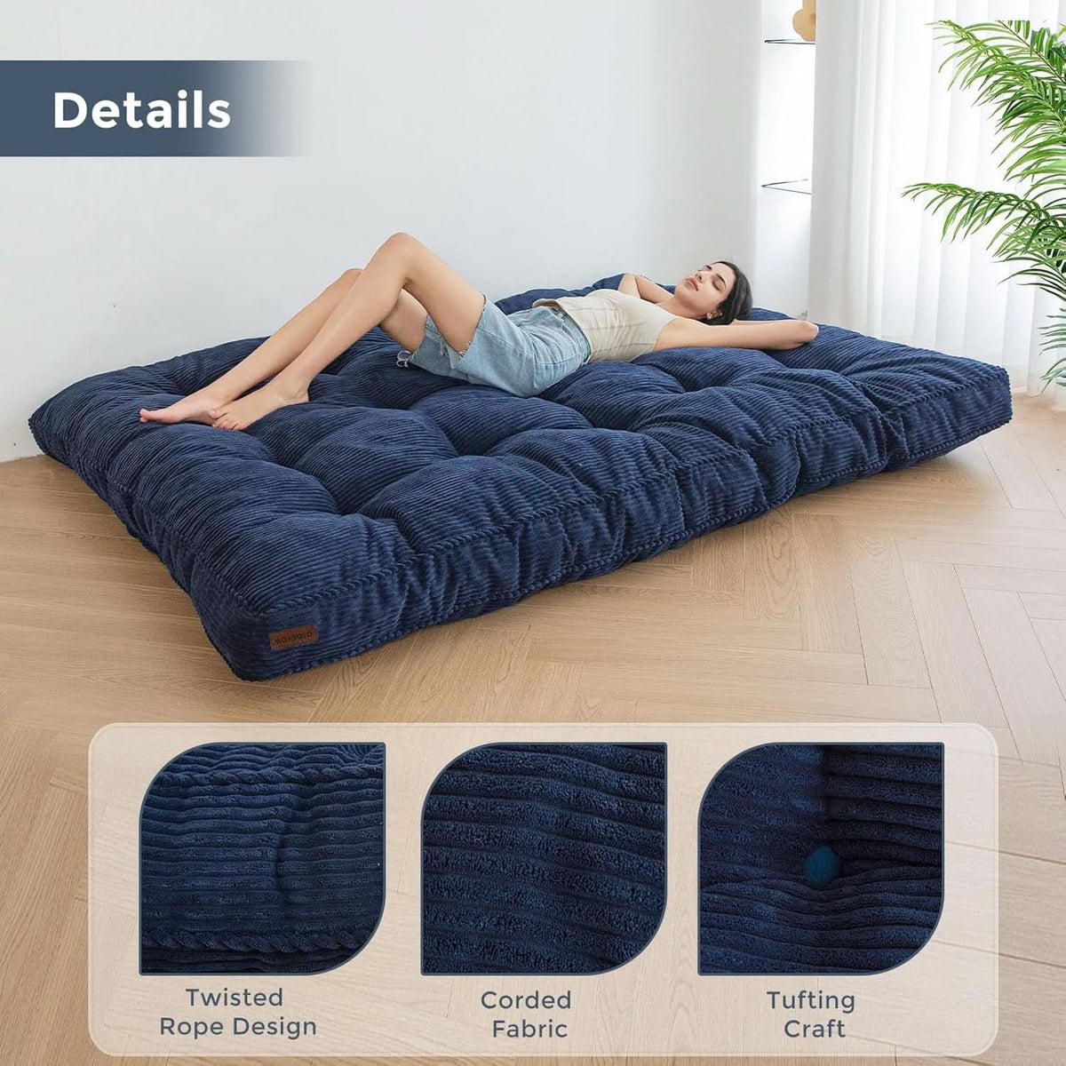 6-Inch Full-Size Futon Mattress Navy Tufted Shredded Foam
