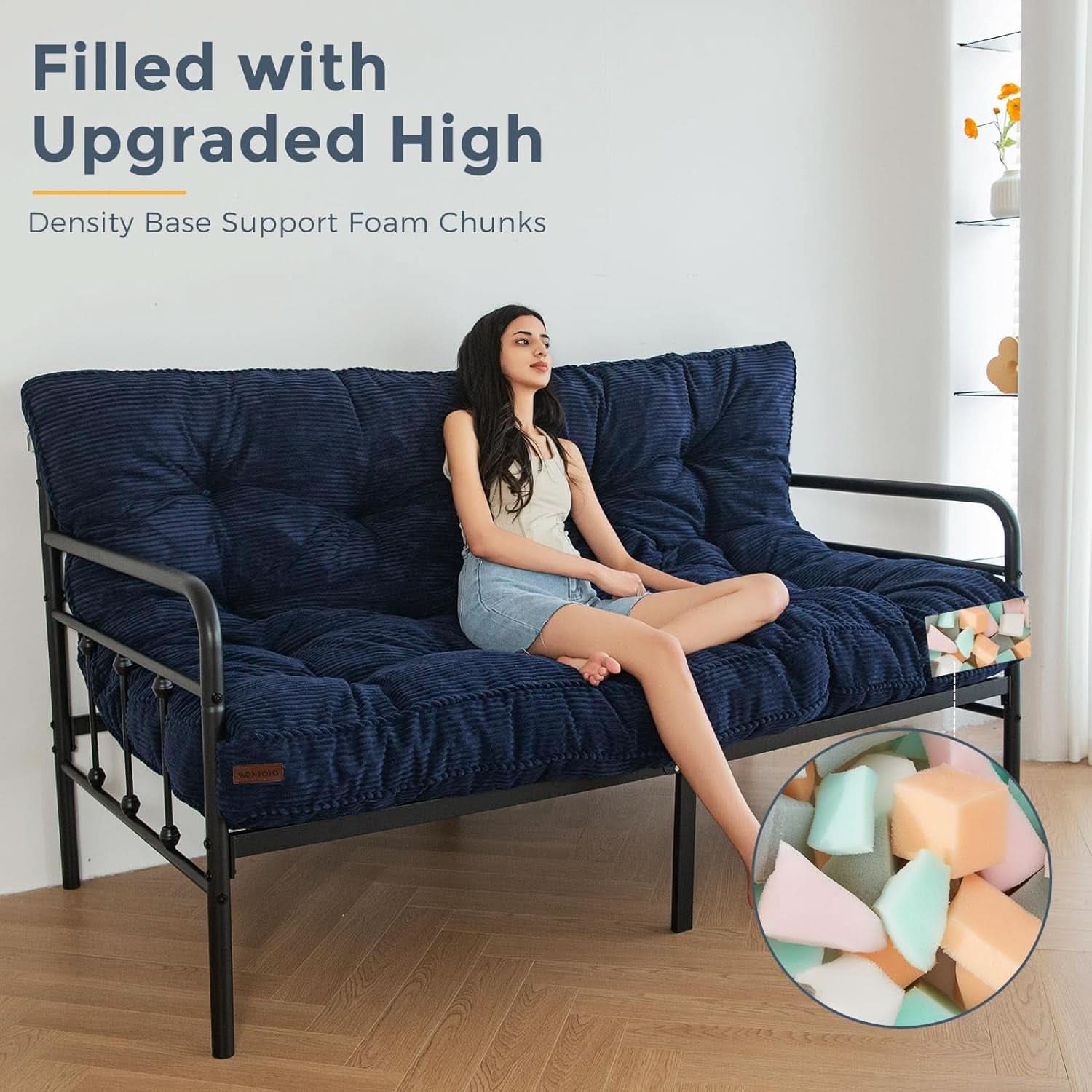6-Inch Full-Size Futon Mattress Navy Tufted Shredded Foam