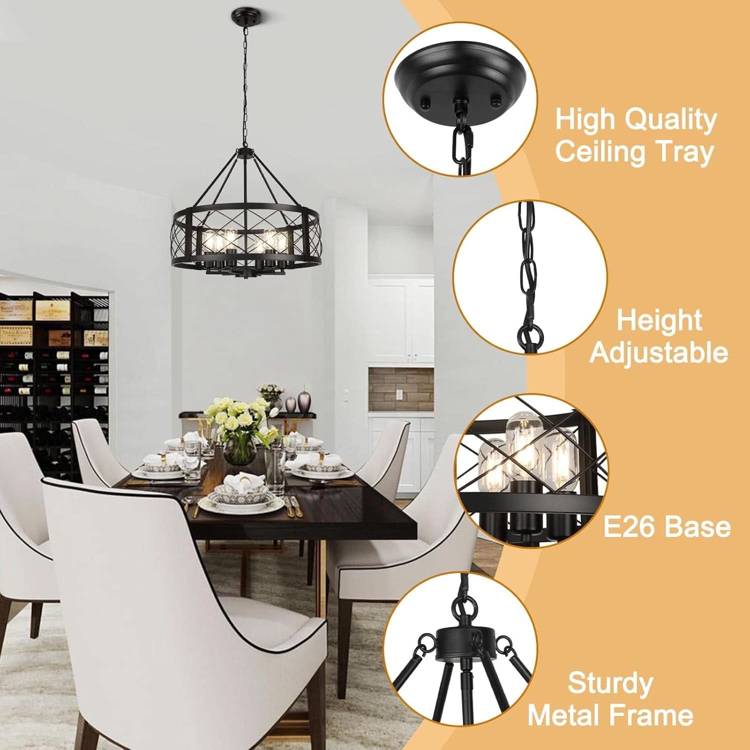 6 Light Black Rustic Drum Chandelier For Dining Room