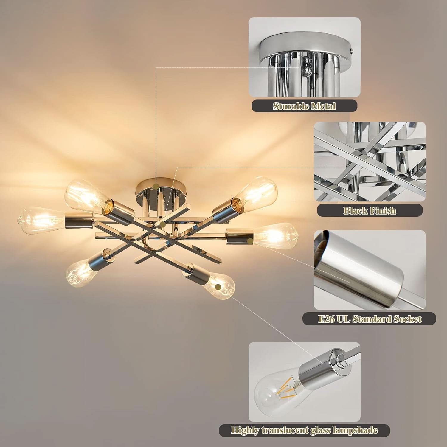 6 Light Chrome Sputnik Chandelier Semi Flush Mount Ceiling Light