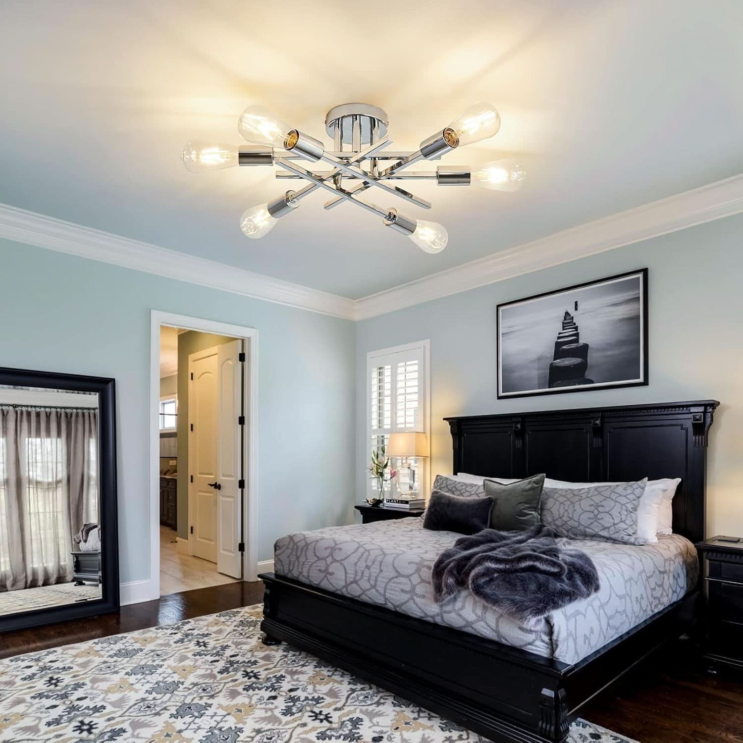 6 Light Chrome Sputnik Chandelier Semi Flush Mount Ceiling Light