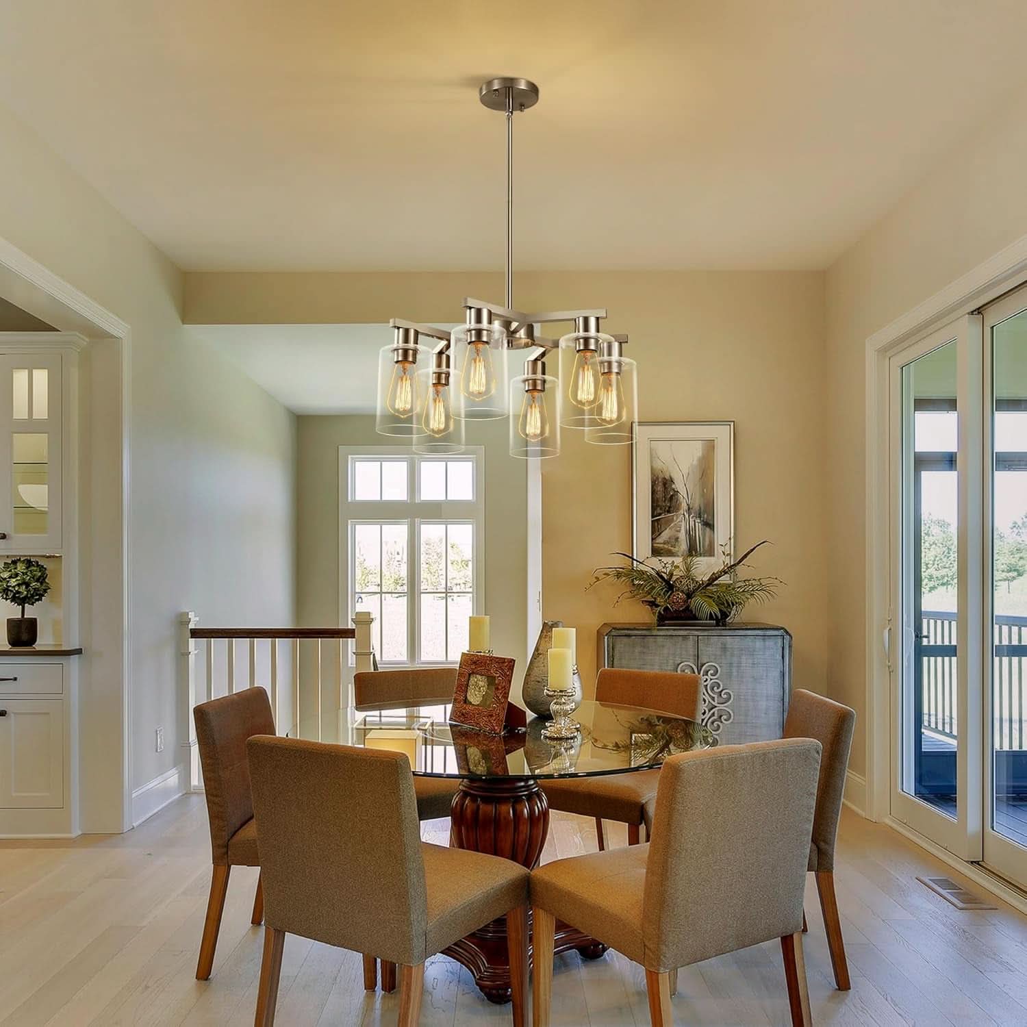 6 Light Farmhouse Brushed Nickel Pendant Chandelier
