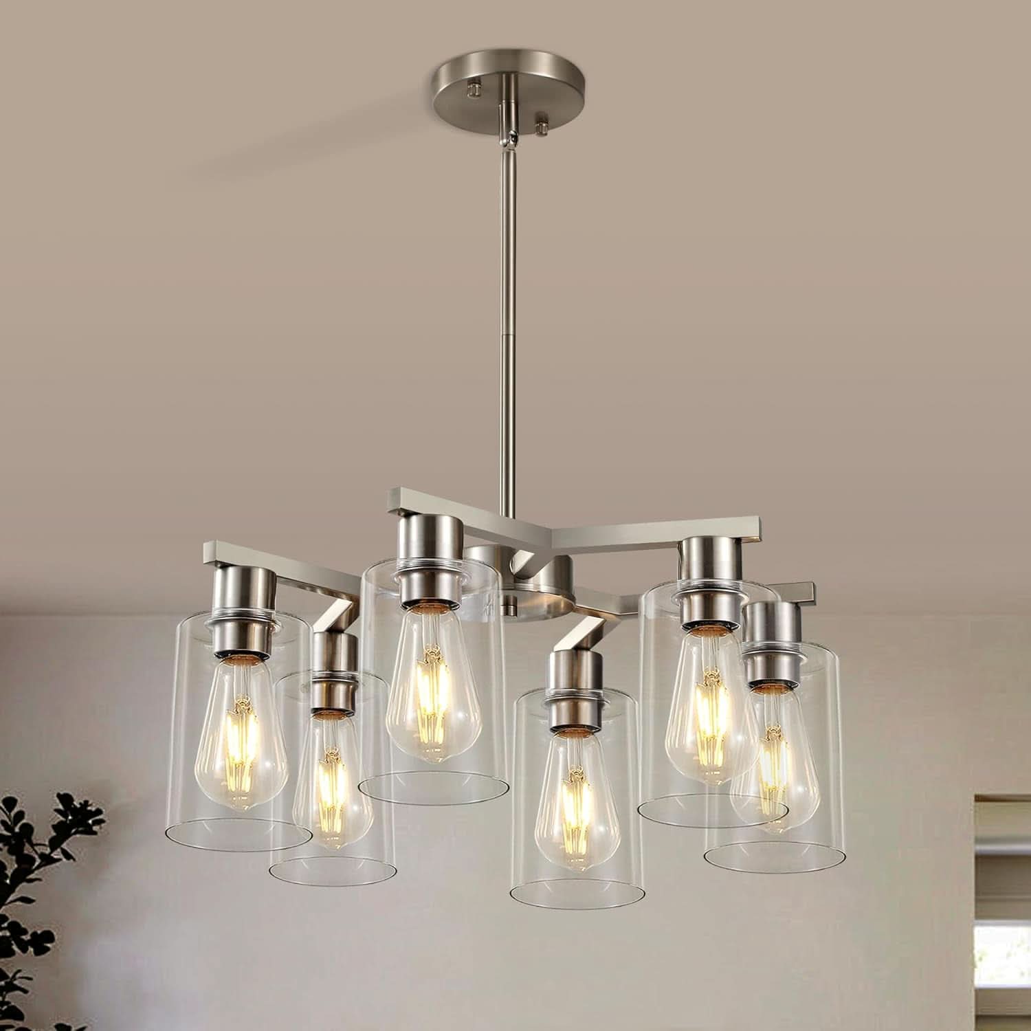 6 Light Farmhouse Brushed Nickel Pendant Chandelier
