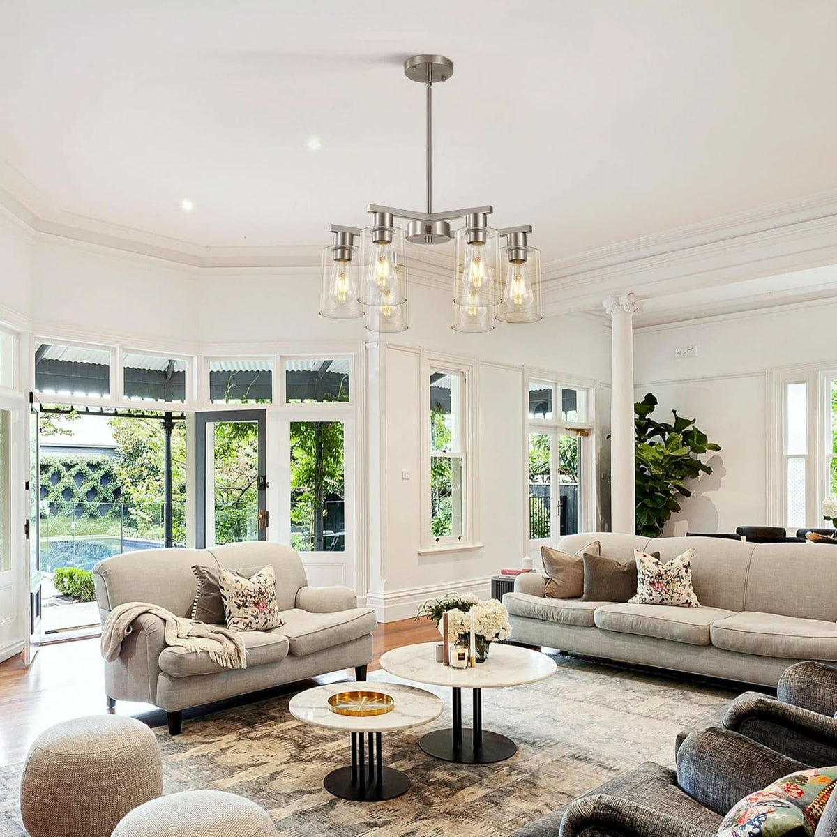 6 Light Farmhouse Brushed Nickel Pendant Chandelier