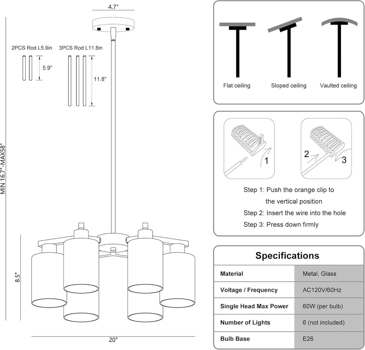 6 Light Farmhouse Brushed Nickel Pendant Chandelier