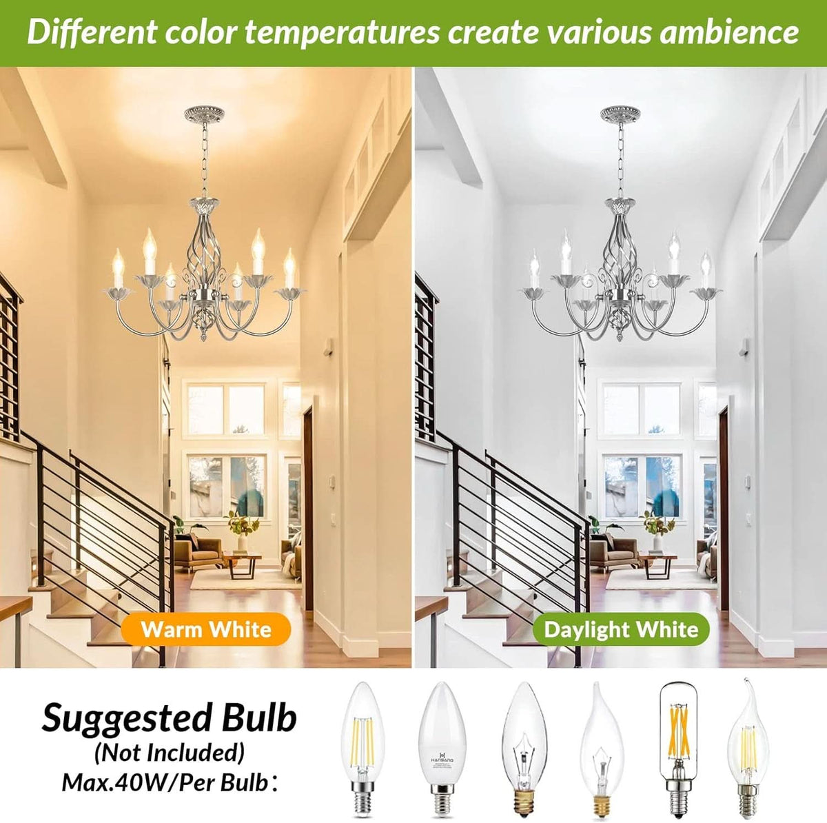 6-Light Rustic Farmhouse Candle Chandelier, Brushed Nickel