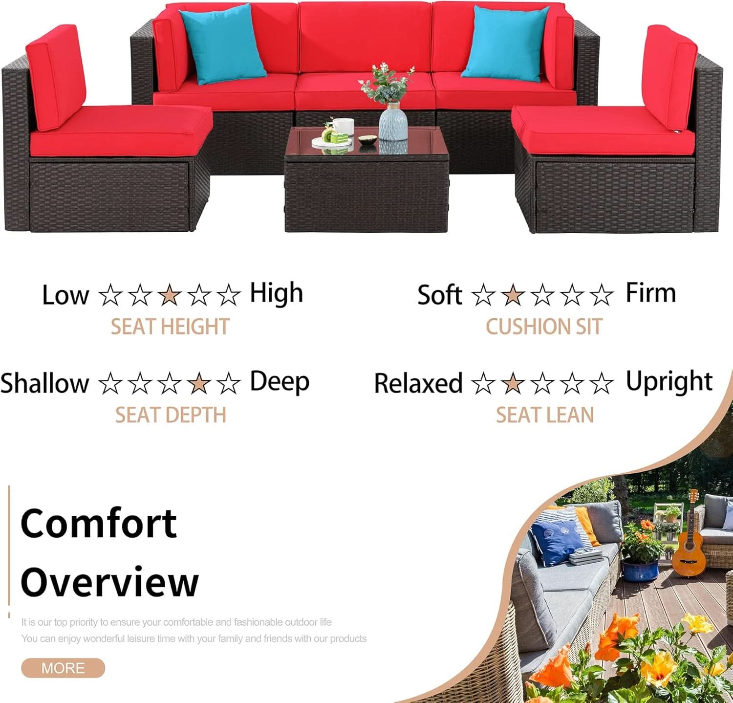 6 Piece All Weather Red Cushions Outdoor Patio Wicker Sofa Set