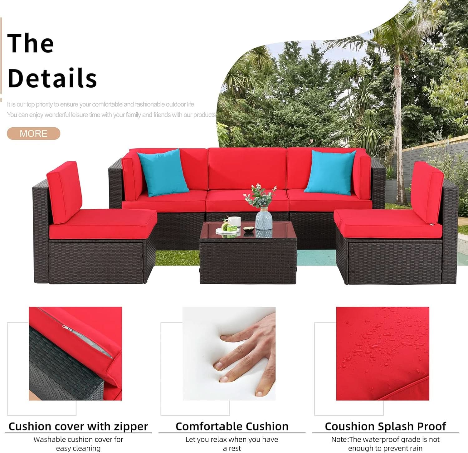 6 Piece All Weather Red Cushions Outdoor Patio Wicker Sofa Set