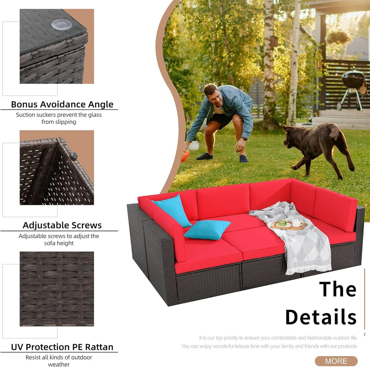6 Piece All Weather Red Cushions Outdoor Patio Wicker Sofa Set