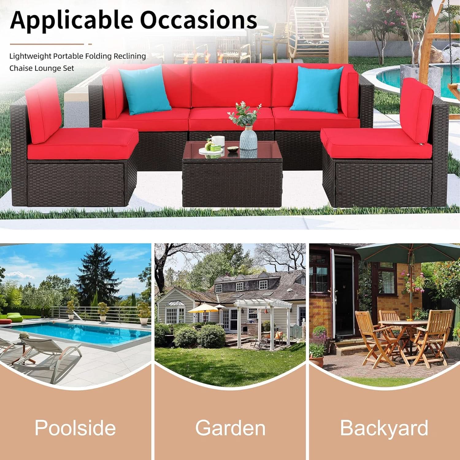 6 Piece All Weather Red Cushions Outdoor Patio Wicker Sofa Set