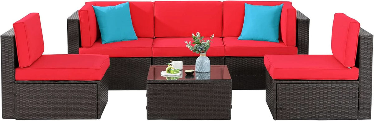 6 Piece All Weather Red Cushions Outdoor Patio Wicker Sofa Set