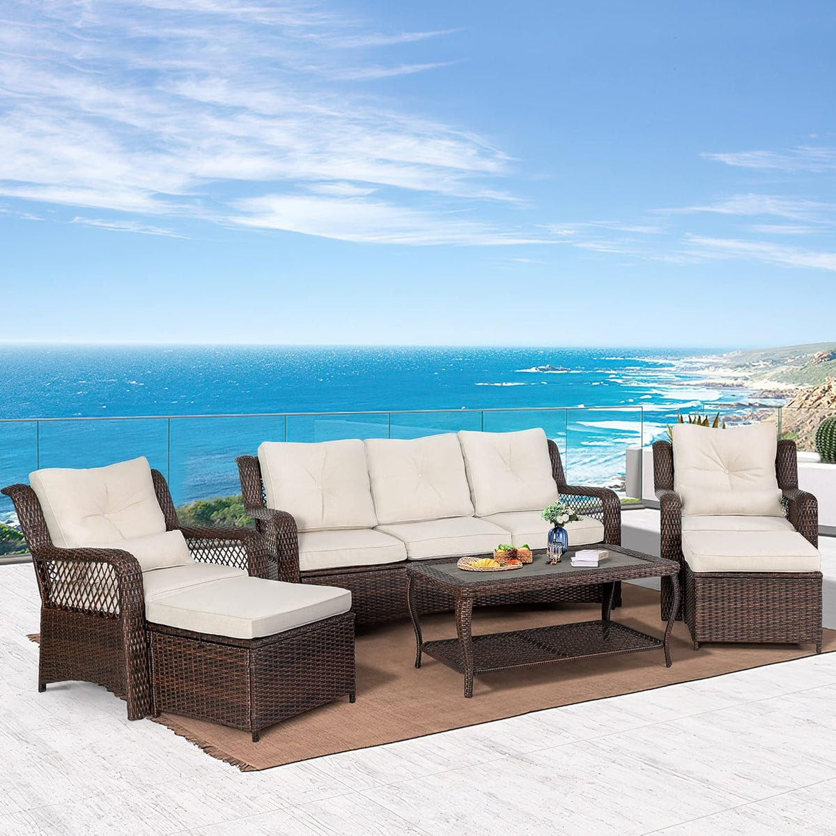 6 Piece Beige Wicker Patio Furniture Set With Coffee Table