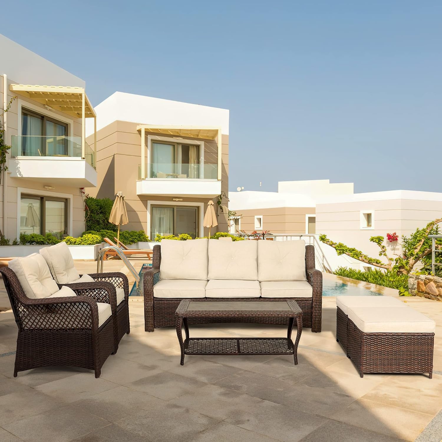 6 Piece Beige Wicker Patio Furniture Set With Coffee Table