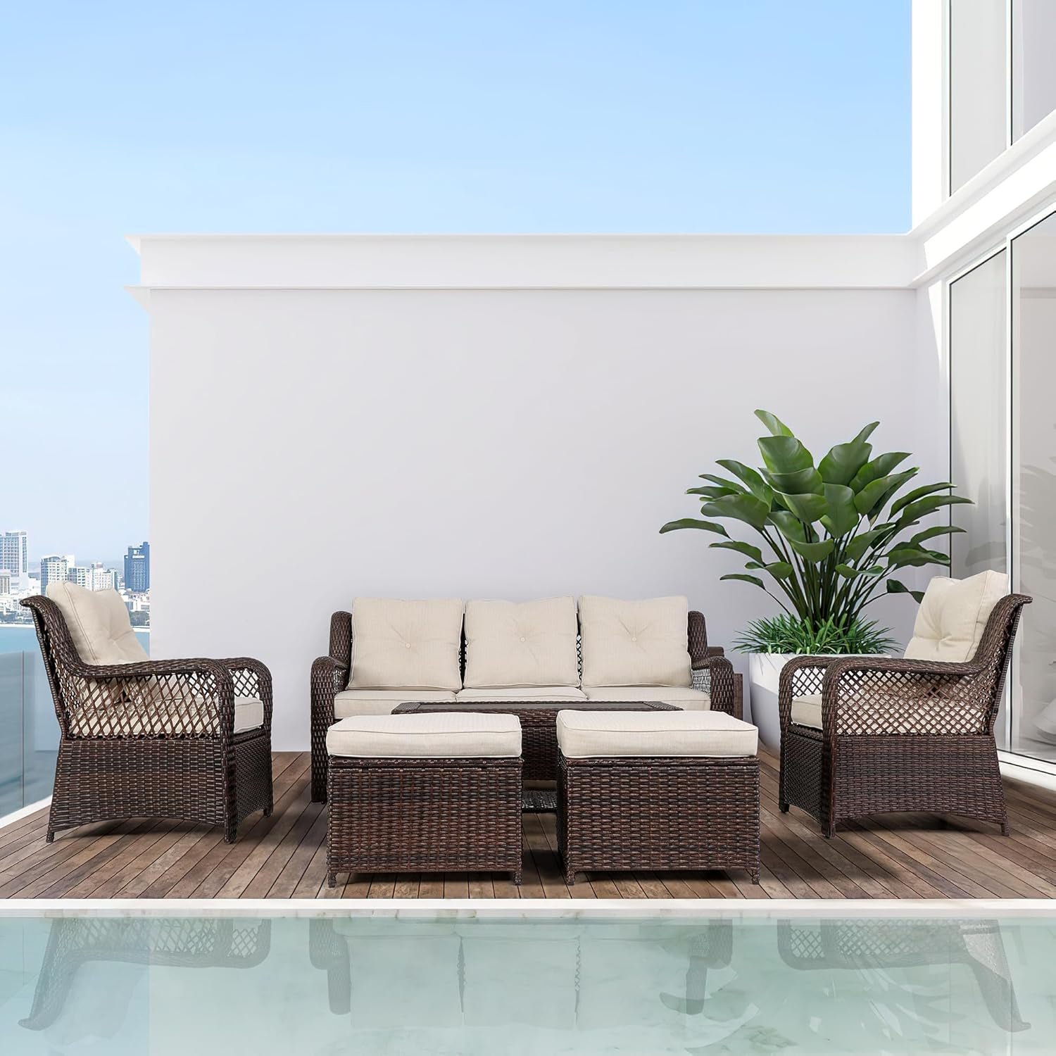 6 Piece Beige Wicker Patio Furniture Set With Coffee Table