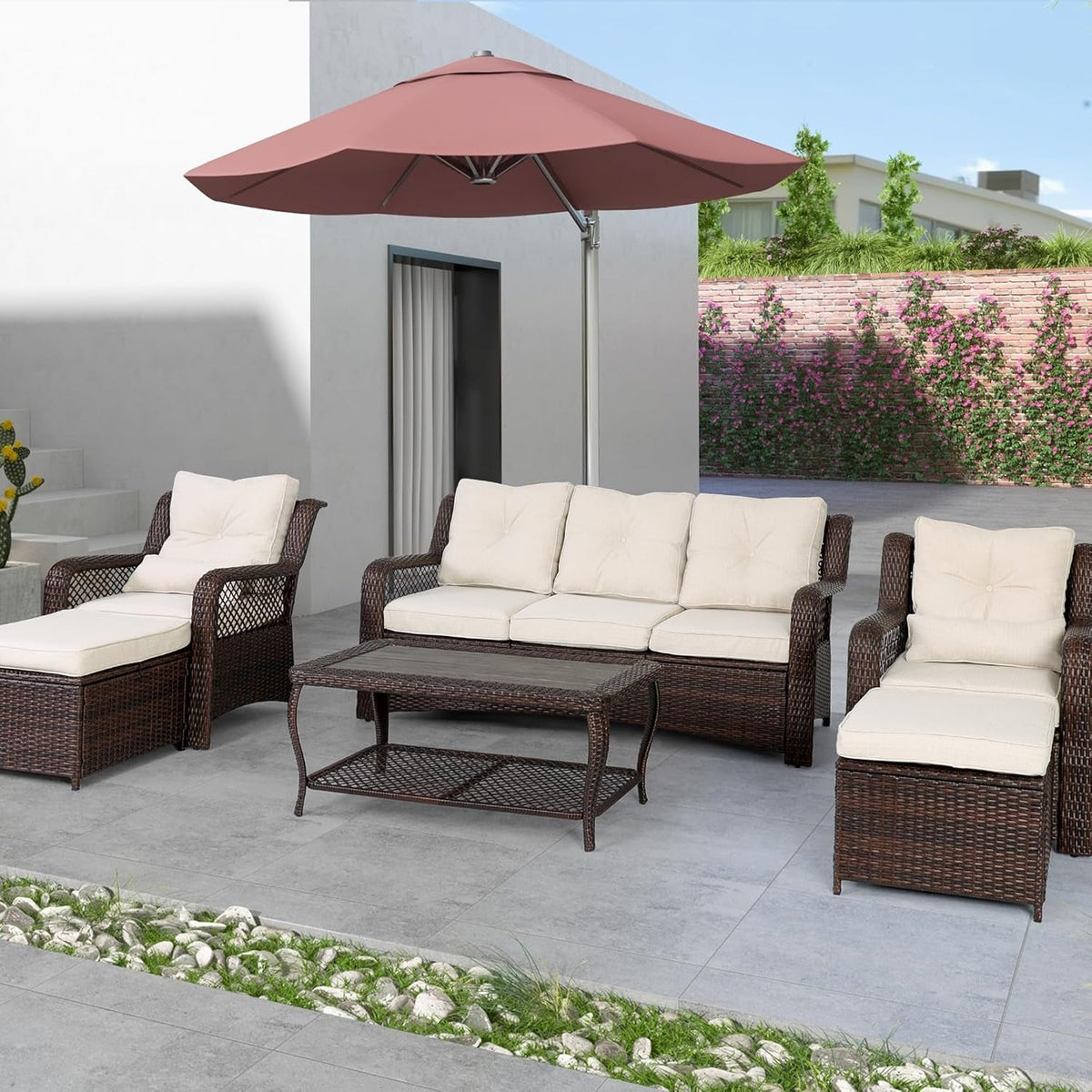 6 Piece Beige Wicker Patio Furniture Set With Coffee Table