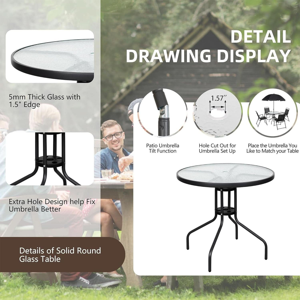 6 Piece Folding Patio Dining Set Black With Umbrella Table