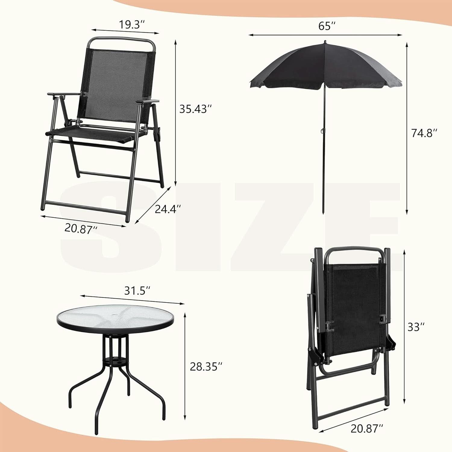 6 Piece Folding Patio Dining Set Black With Umbrella Table