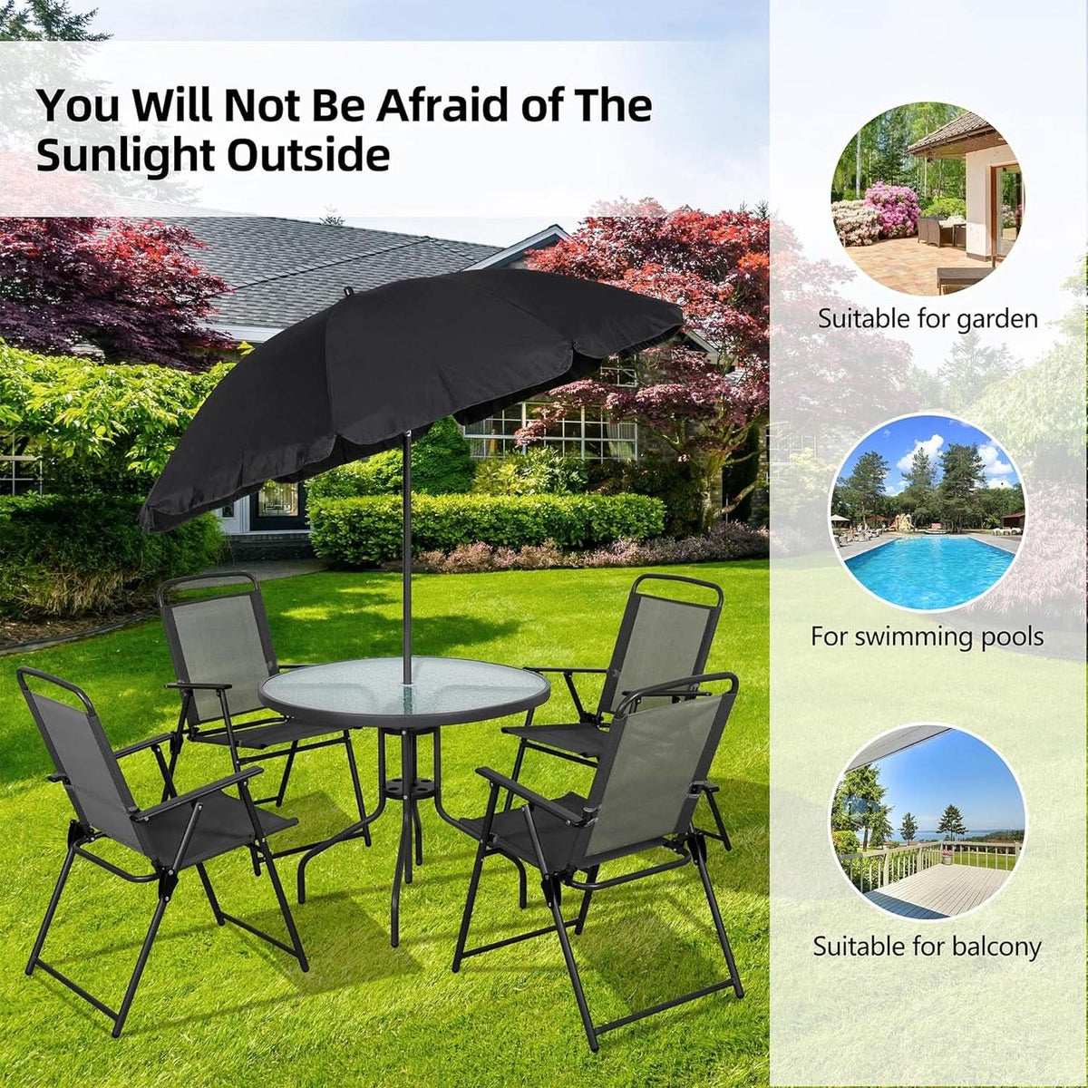 6 Piece Folding Patio Dining Set Black With Umbrella Table