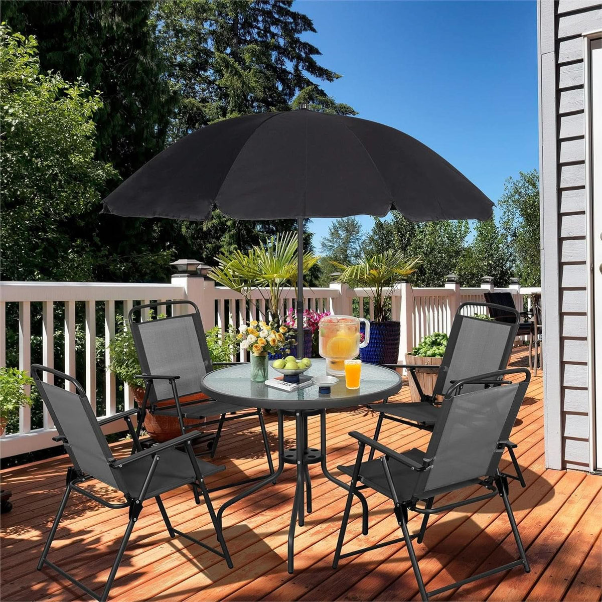 6 Piece Folding Patio Dining Set Black With Umbrella Table