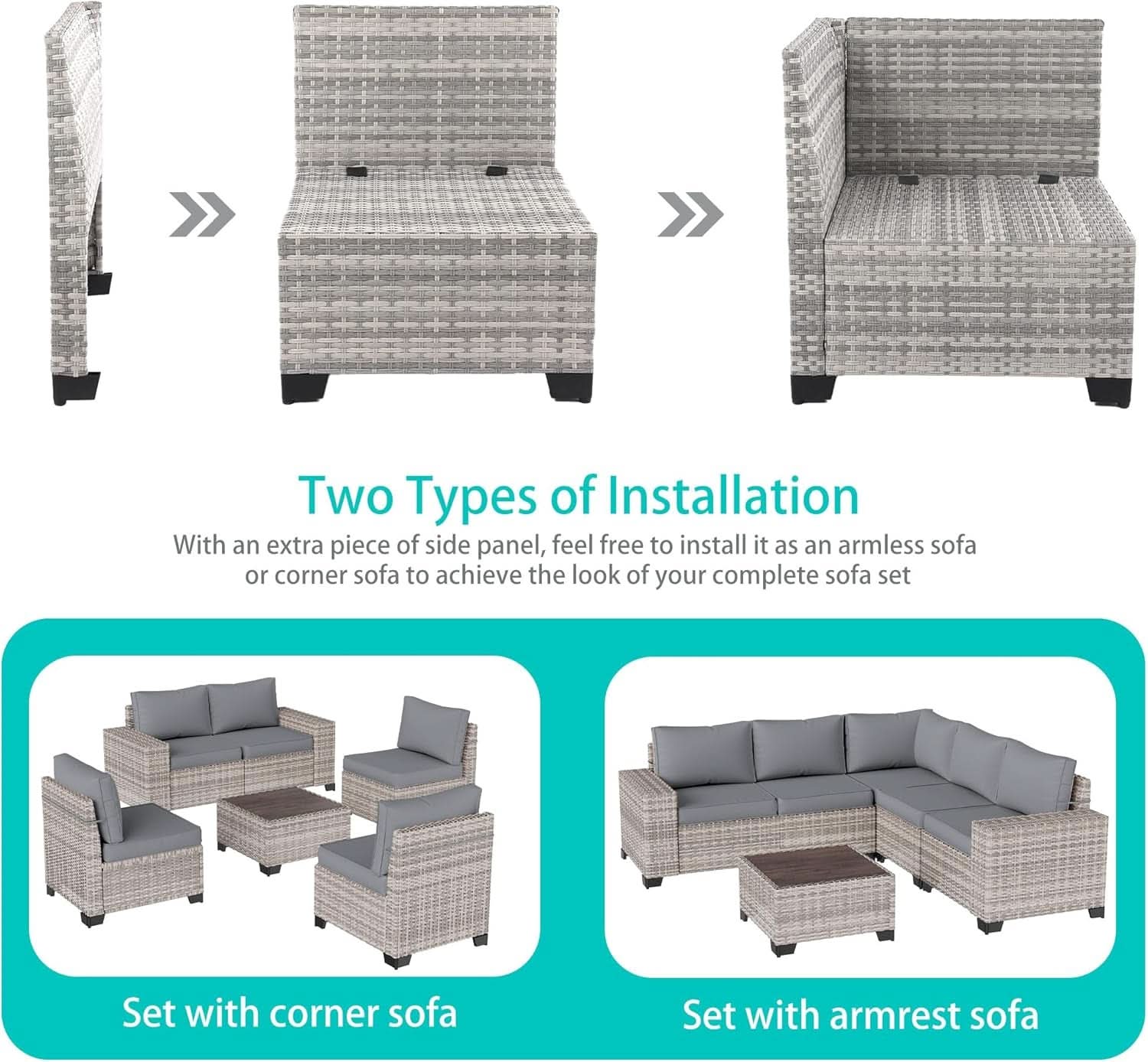 6-Piece Outdoor Wicker Patio Set With Grey Cushions