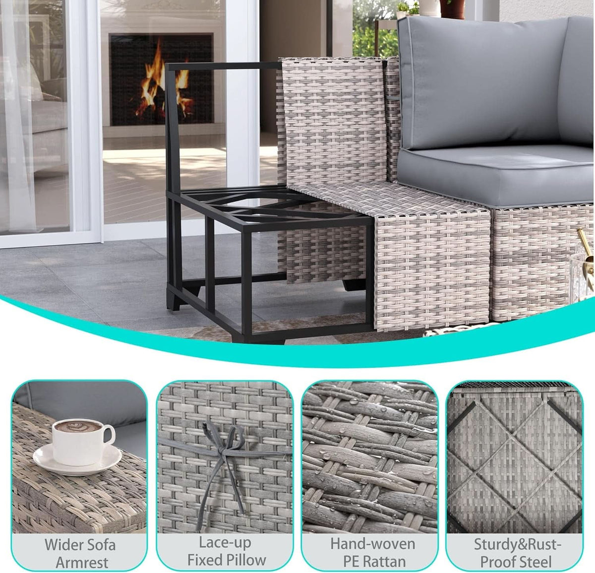 6-Piece Outdoor Wicker Patio Set With Grey Cushions