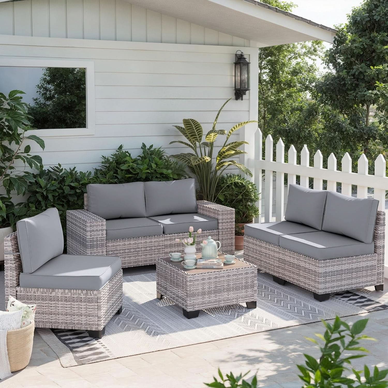 6-Piece Outdoor Wicker Patio Set With Grey Cushions