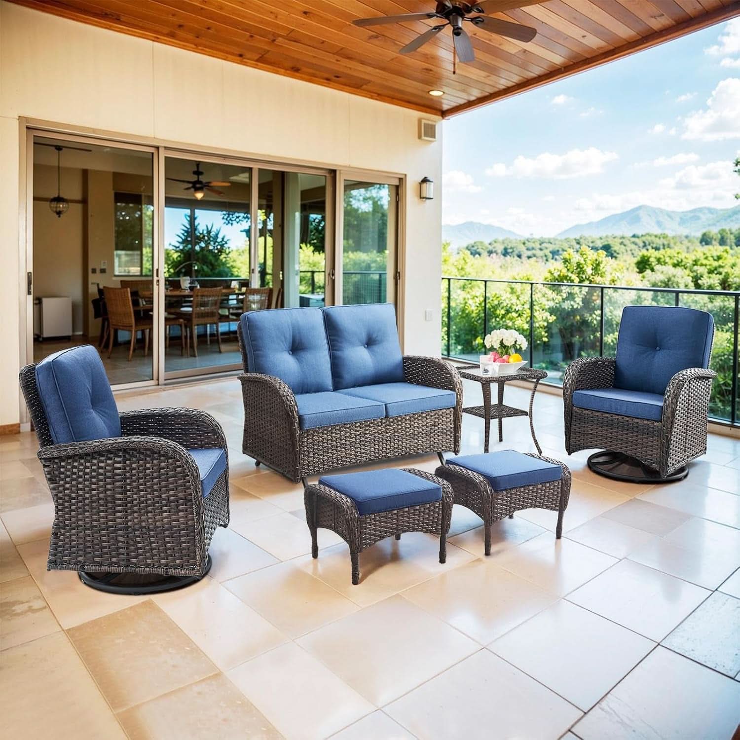 6 Piece Patio Conversation Set Brown Wicker Blue Cushions