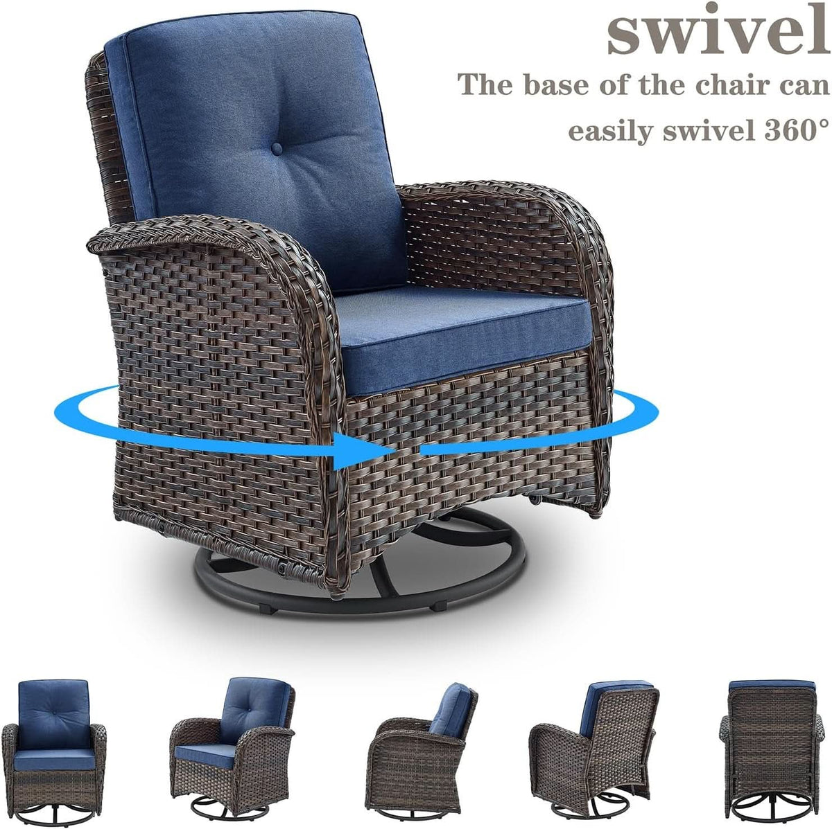 6 Piece Patio Conversation Set Brown Wicker Blue Cushions