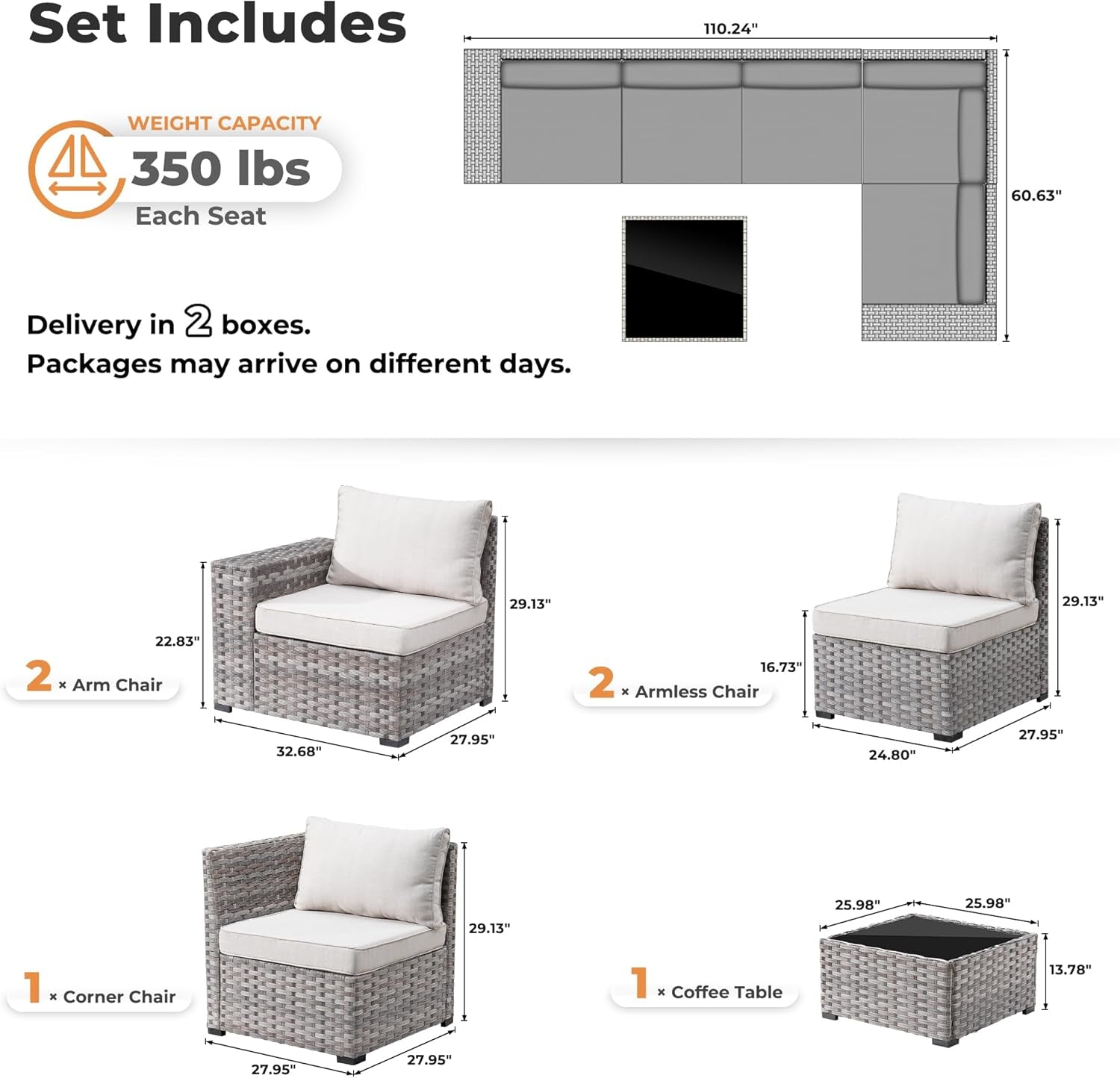 6 Piece Patio Furniture Set Outdoor Sectional Sofa Beige