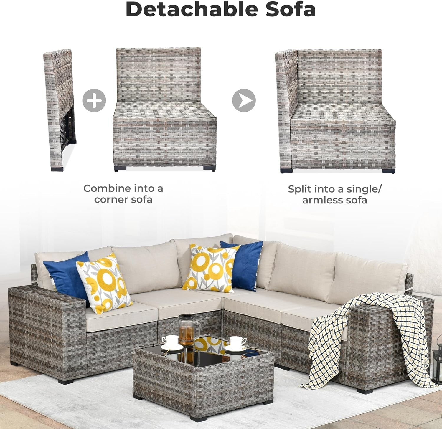 6 Piece Patio Furniture Set Outdoor Sectional Sofa Beige