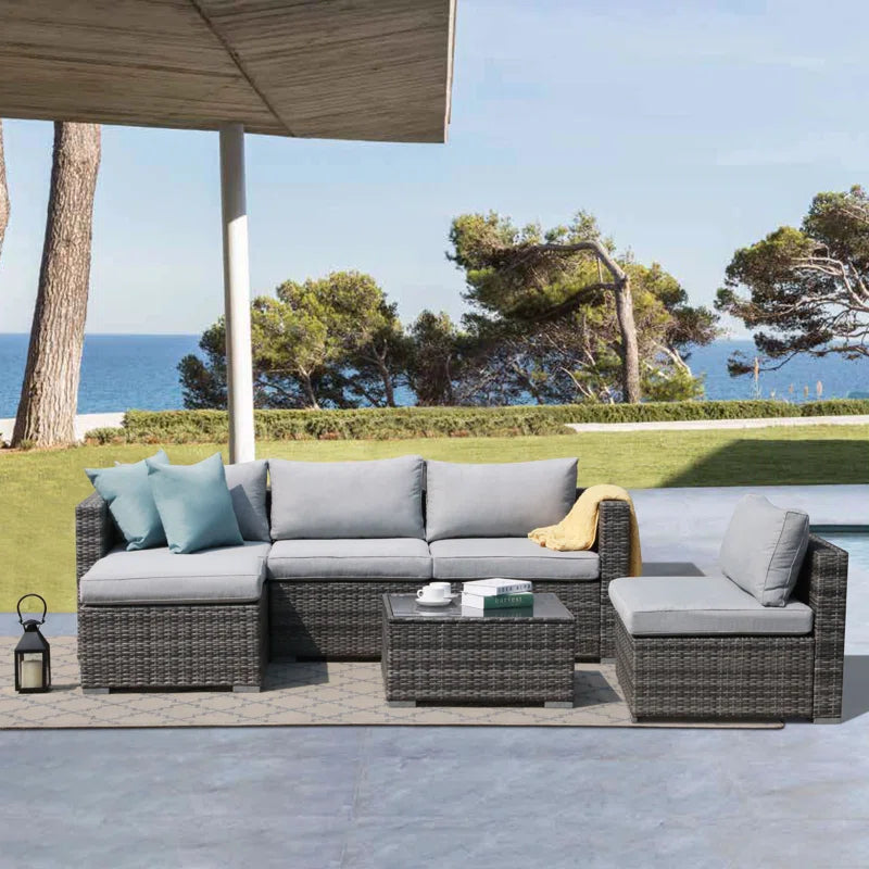 6 Piece Rattan Outdoor Sectional Set With Cushions
