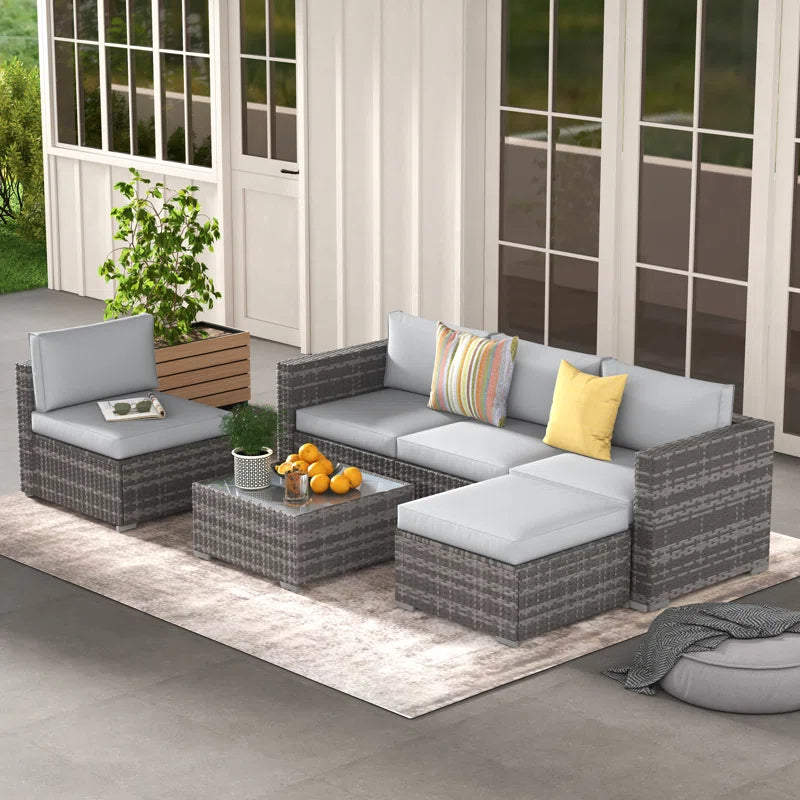 6 Piece Rattan Outdoor Sectional Set With Cushions