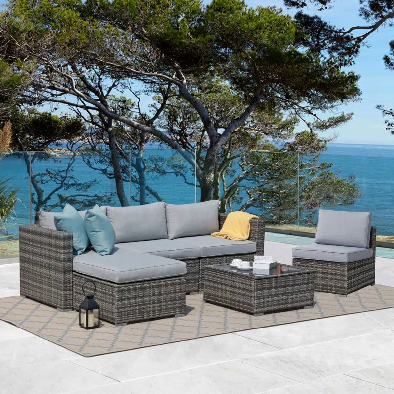 6 Piece Rattan Outdoor Sectional Set With Cushions