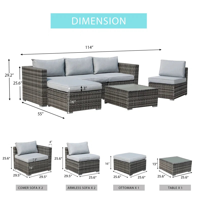 6 Piece Rattan Outdoor Sectional Set With Cushions