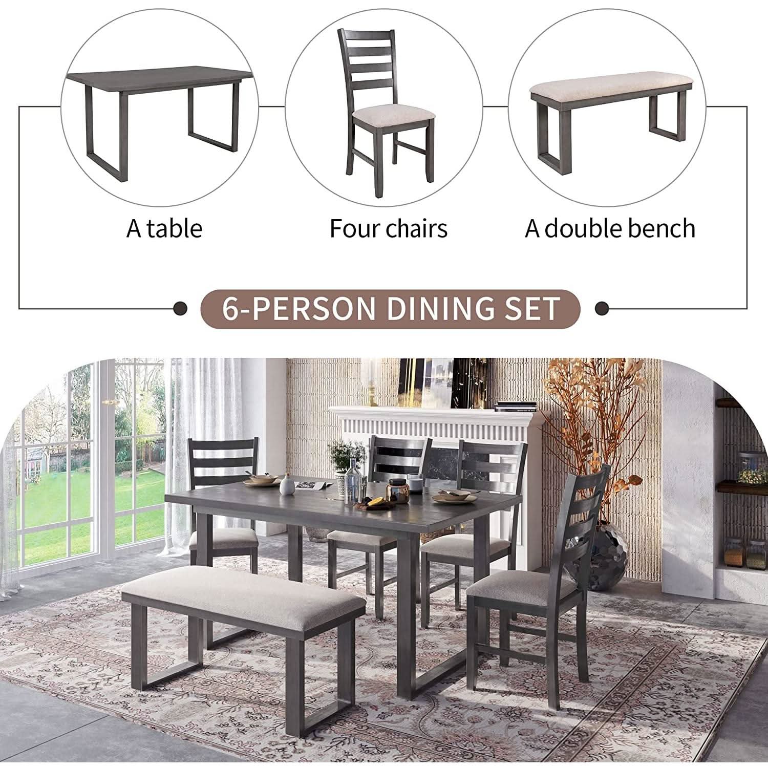 6 Piece Rustic Wood Dining Set With Bench And Chairs