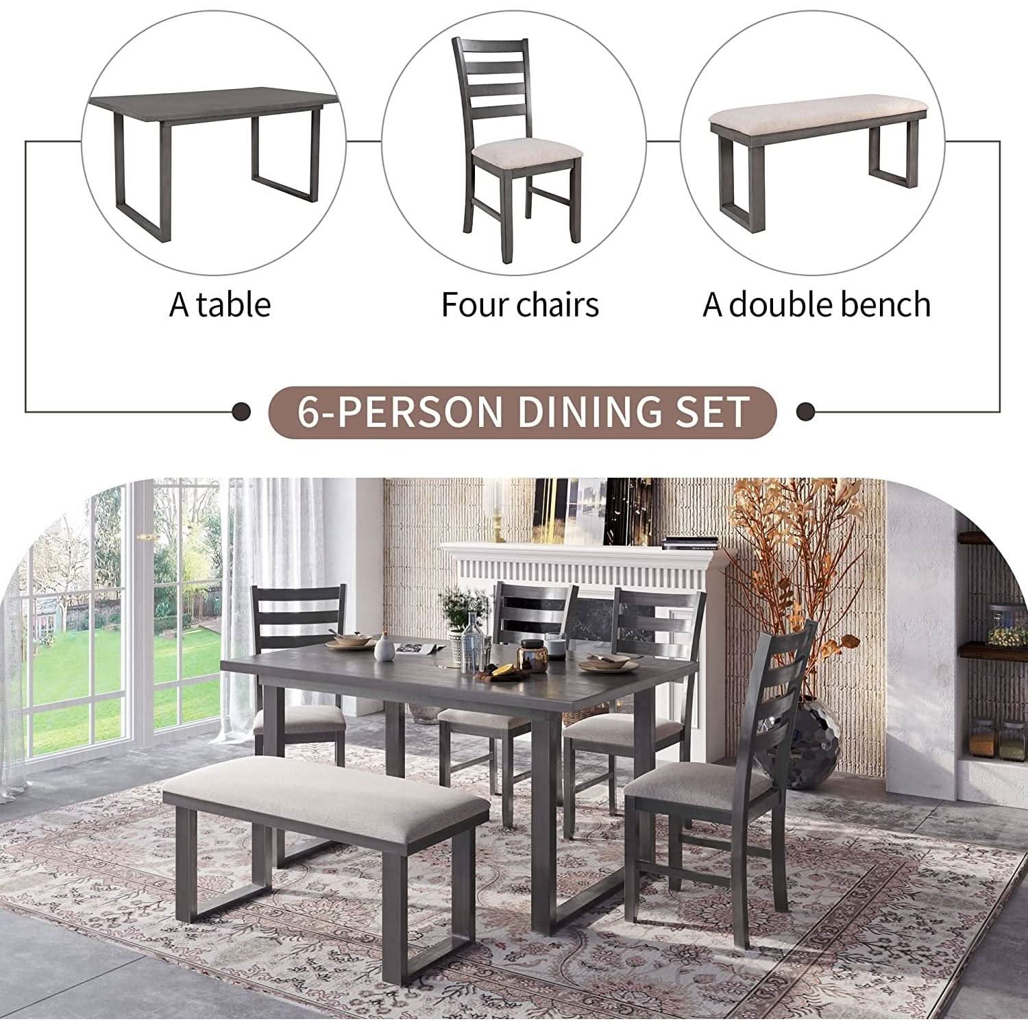 6 Piece Rustic Wood Dining Table Set With Bench And Chairs