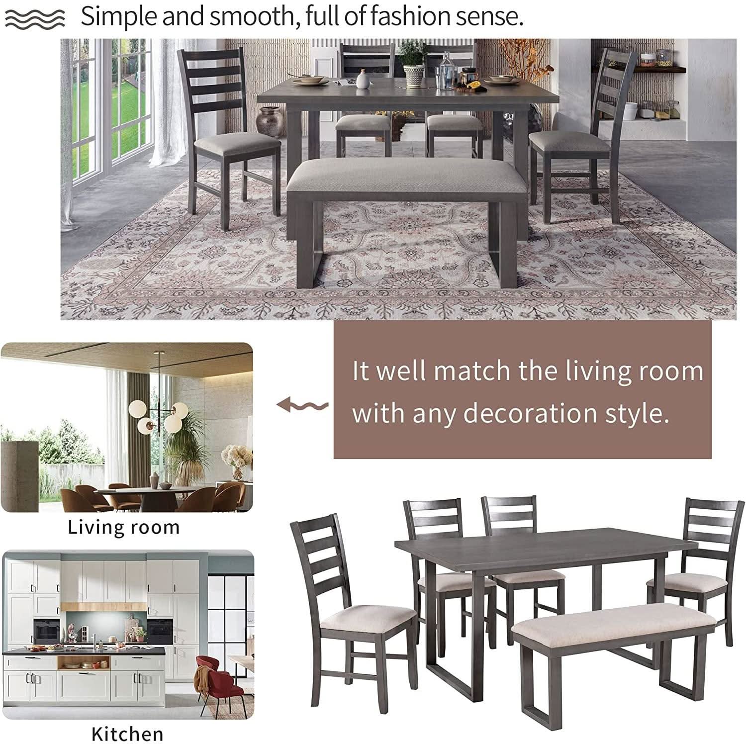 6 Piece Rustic Wood Dining Table Set With Bench And Chairs