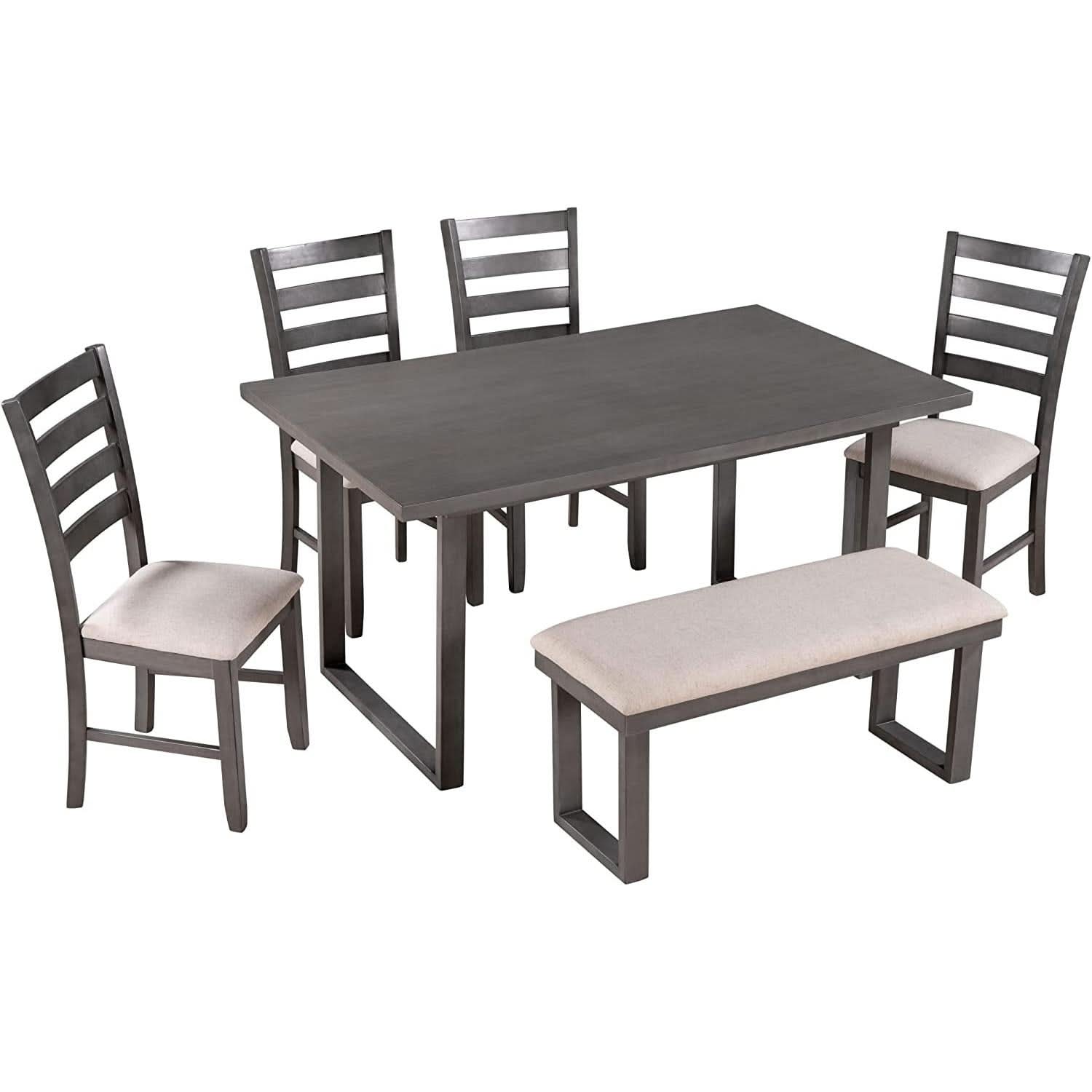 6 Piece Rustic Wood Dining Table Set With Bench And Chairs